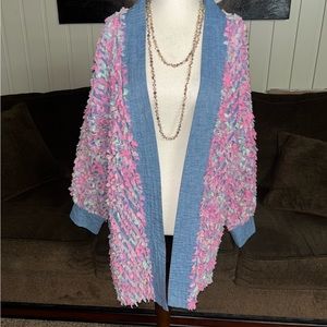 Handmade • Fringe • Ragged • Fun • Smock • Cardigan Jacket • Size 12 • Pink/Blue